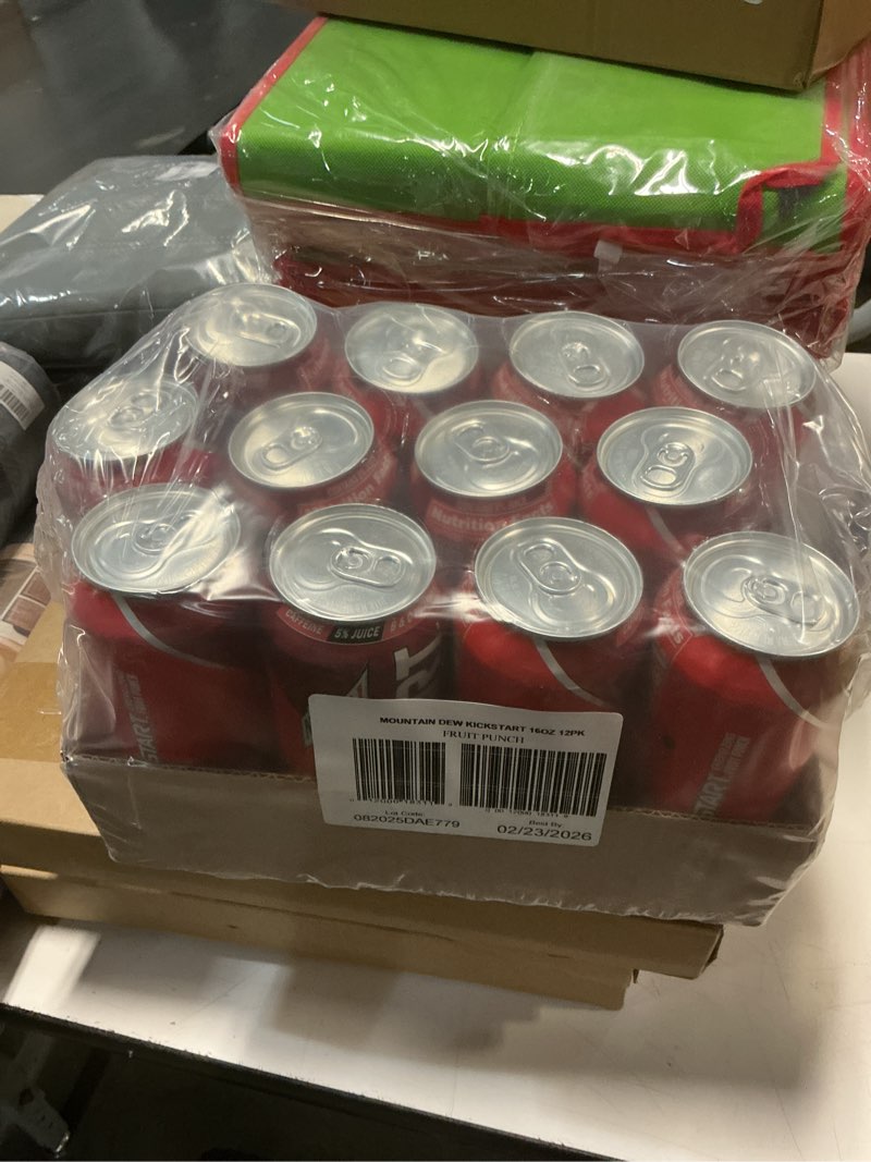 Condition photo showing New/Like New for ((BB:02/23/2026))Mountain Dew Kickstart, Fruit Punch, 92mg Caffeine, Vitamins B & C, 80 Calories, 5% Juice, 16 fl oz (12 Count) Fruit Punch 16 Fl Oz (Pack of 12)