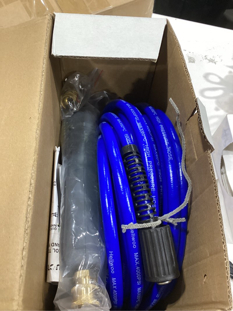 Condition photo showing Good Condition for pressure washer gun and hose 3600 psi, 50 ft power washer hose, extension wand, 3/8" swivel quick connector & m22-14mm fitting, 30" extension wand & 7 nozzle tips 50ft hose+gun