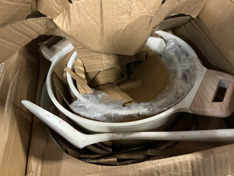 Condition photo showing Good Condition for CAROTE Pots and Pans Set Nonstick, White Granite Induction Kitchen Cookware Set, 10 Pcs Non Stick Cooking Set w/Frying Pans & Saucepans(PFOS, PFOA Free) Cream White 10 Piece