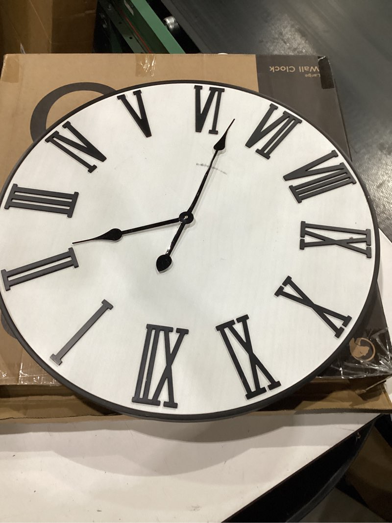 Condition photo showing As Is for large wall clock 24" round - silent metal & wood large farmhouse wall clock for living room decor with 3d roman numerals - no ticking - noiseless big wood decorative clocks for living room decor 24-inch white