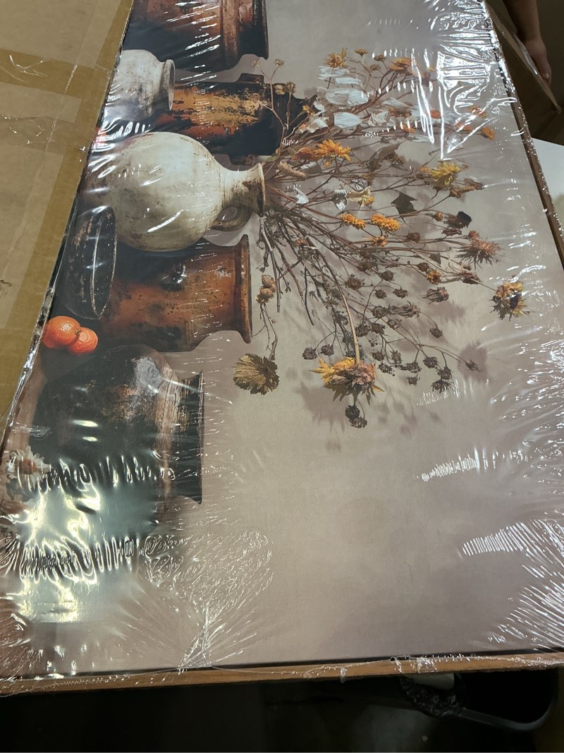 Condition photo showing Good Condition for framed vintage floral pottery kitchen wall art, farmhouse rustic still life neutral canvas artwork for walls, retro vase flower painting print for dining room bedroom living room wall decor, 36x24 in 36" w x 24" h x 1pc vintage pottery