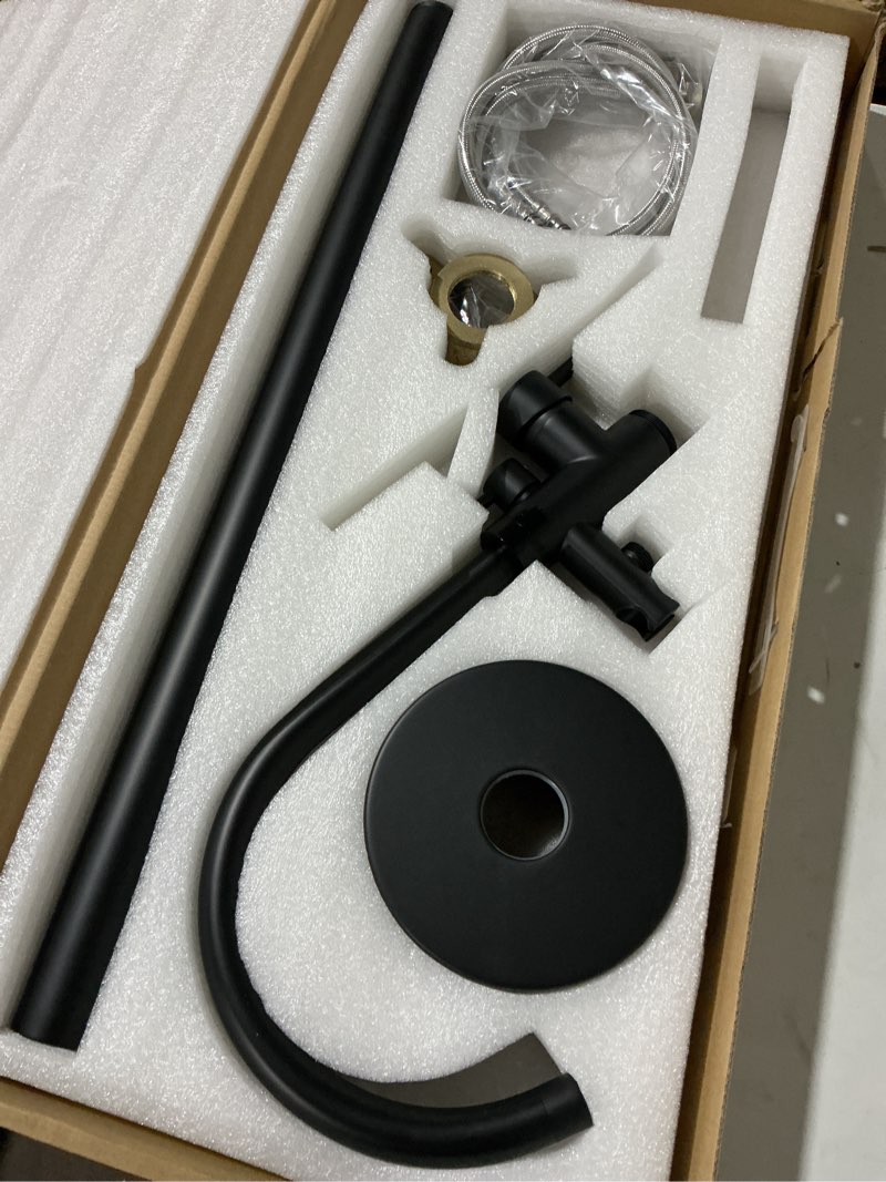 Condition photo showing Good Condition for freestanding bathtub faucet, floor mount bathtub faucet with 2 water outlet modes, swivel gooseneck spout with hand shower, brass single handle tub filler, max flow rate 7.4 gpm, matte black gooseneck -matte black