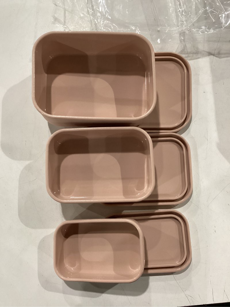 Condition photo showing Good Condition for 2 sets of 6 silicone food storage containers with lid silicone bento box rectangular lunch box hard shell containers microwave dishwasher freezer safe, 10 oz, 23.6 oz, 44 ounce(pink)