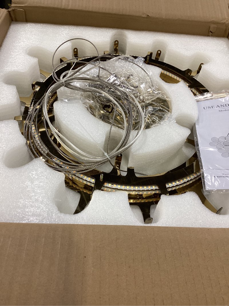 Condition photo showing As Is for flower elegant crystal led chandelier d20’’ brushed gold contemporary for dining room dimmable flush mount high ceiling chandeliers with remote control for entryway bedroom(3000k-6500k) gold 20 inches