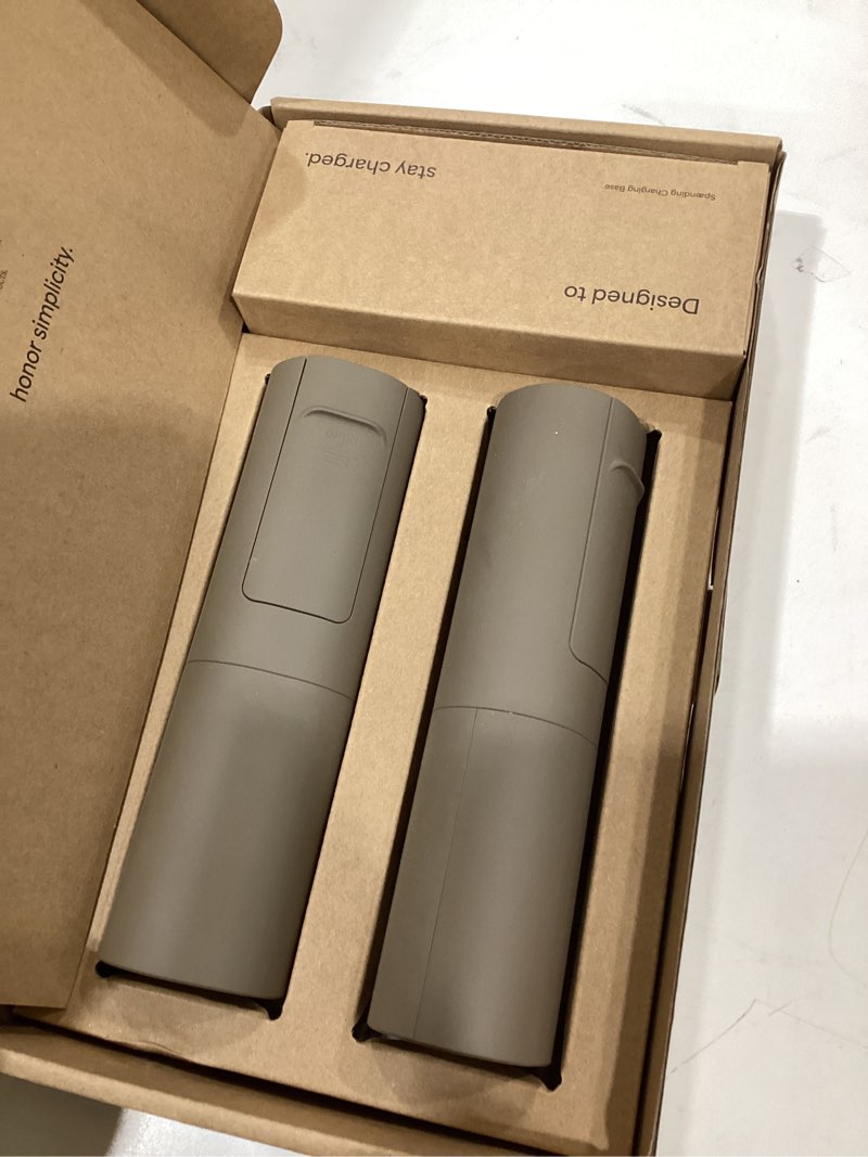 Condition photo showing As Is for LARS NYSØM Electric Salt and Pepper Grinder Set, USB Rechargeable, Automatic Salt and Pepper Mills, Spice Shakers Refillable with LED Light, Adjustable Coarseness, Ceramic Grinder (Taupe Brown) Set of two electric mills Taupe Brown