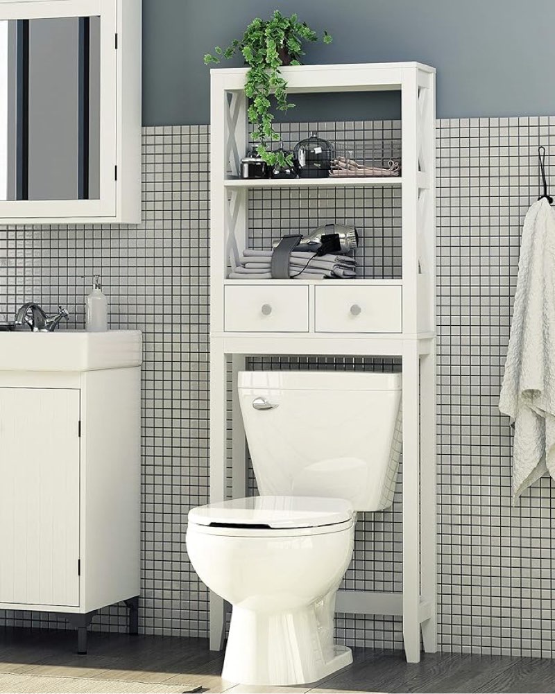 spirich over toilet storage shelf with drawers, x- frame over the toilet cabinet for bathroom storage, above toilet storage cabinet, white