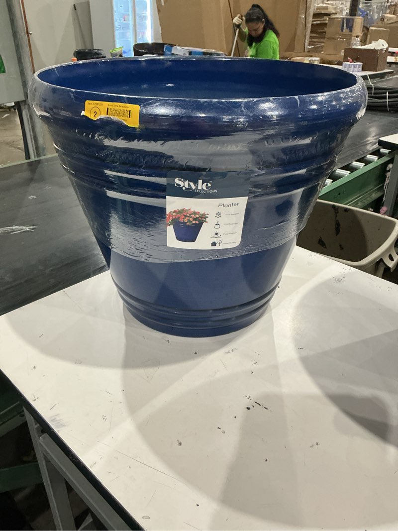 Condition photo showing As Is for style selections round 20.35-in w x 20.35-in l x 17.4-in h blue recycled plastic indoor/outdoor