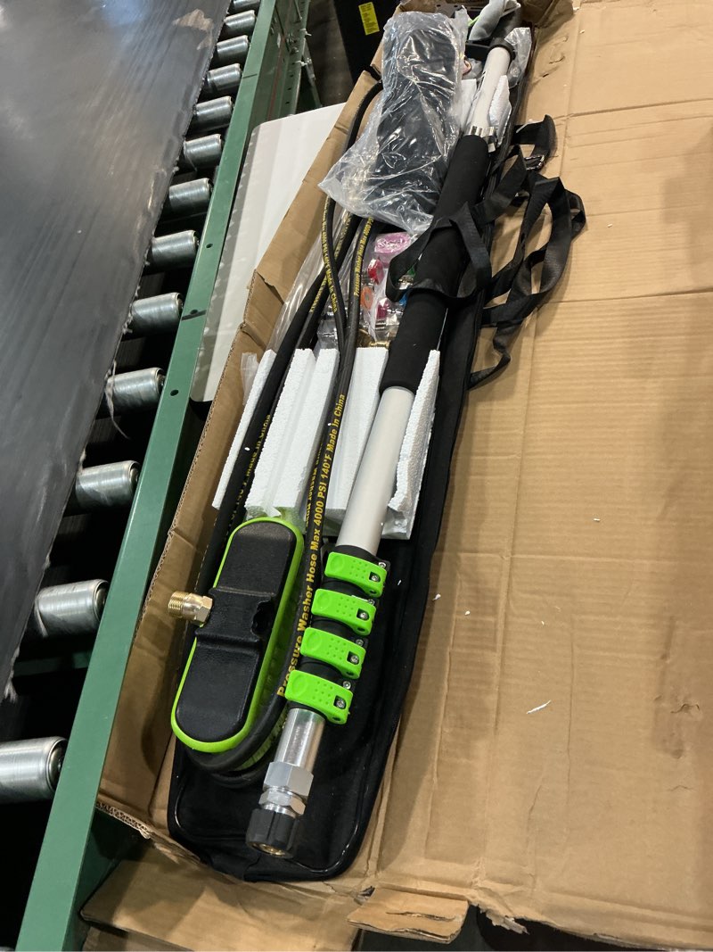 Condition photo showing As Is for realyou 24 ft pressure washer telescoping wand with pressure washer extension wand, gutter cleaner tool, 5 spray nozzle tips, 2 hose adapters, support belt and bursh head