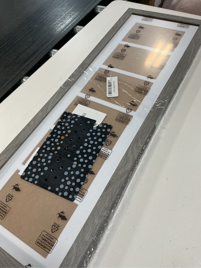 Condition photo showing As Is for 8x26 collage frame with 6 openings 4x6 pictures, multiple picture frame with mat, wall or tabletop decor, grey wood grain,2 pack grey 8x26-(6 open4x6)-2p
