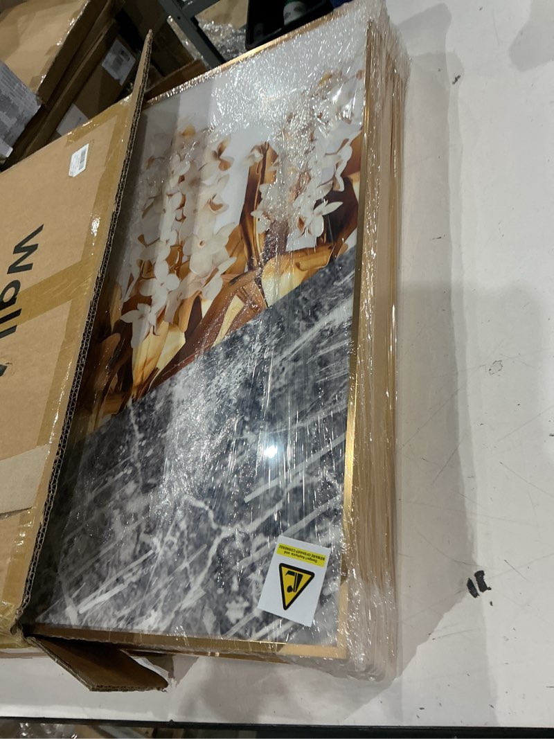Condition photo showing New/Like New for framed modern luxury gold wall art, set of 3 piece contemporary paintings artwork for walls, golden leaf prints with gold frame, pictures for living room, hallway, bedroom, office wall decor 16x24 inch 16" w x 24" h x 3 pieces gold leaf