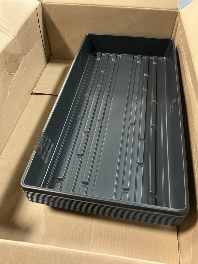 Condition photo showing As Is for 10 plant growing trays (no drain holes) - 20" x 10" - perfect garden seed starter grow trays: for seedlings, indoor gardening, growing microgreens, wheatgrass & more - soil or hydroponic black no drain holes
