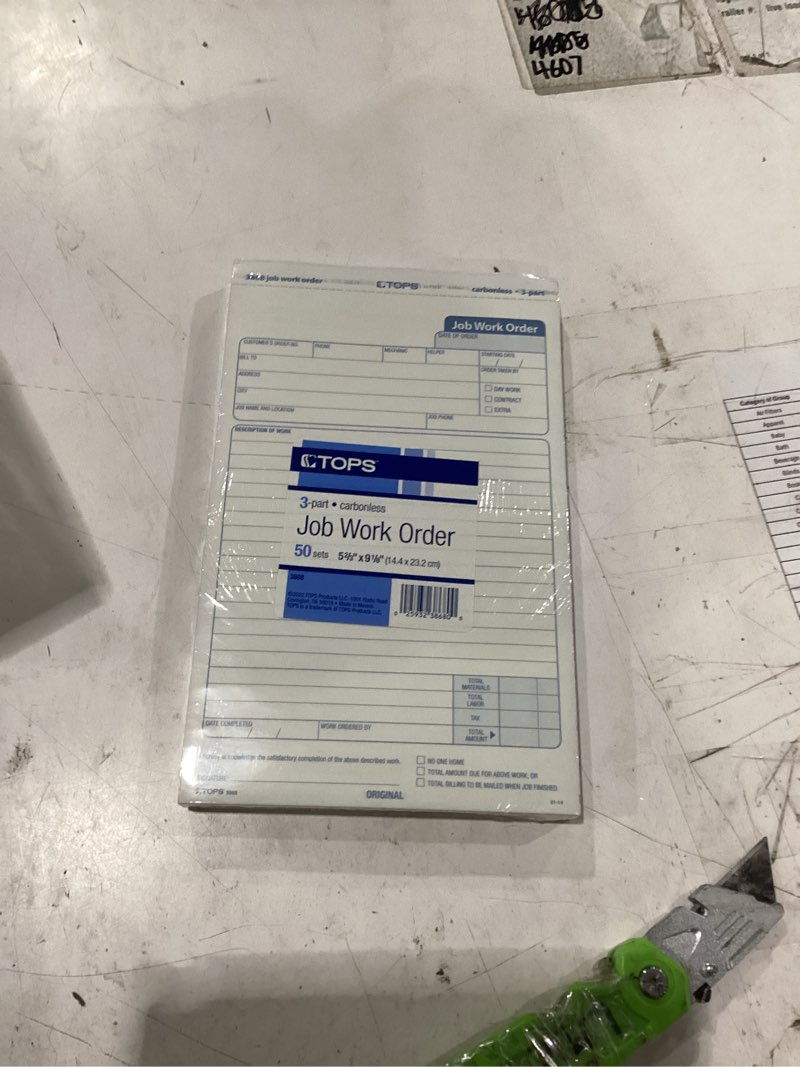 Condition photo showing New/Like New for tops 3868 snap-off job work order form, 5 2/3" x 8 5/8", three-part carbonless (pack of 50 forms)