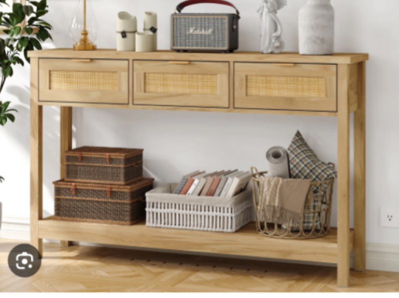 rattan console table boho entryway table narrow long sofa table hallway foyer table behind couch table with 3 drawers and open storage shelf for living room and corridor natural wood