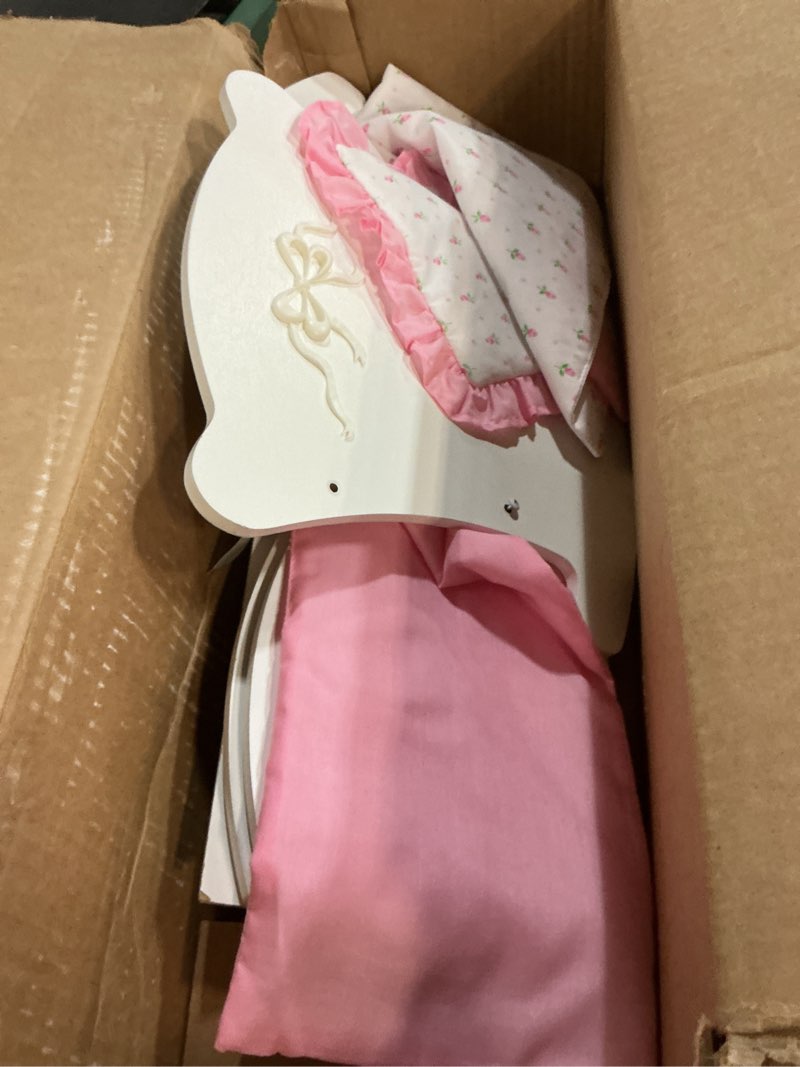 Condition photo showing As Is for KidKraft Tiffany Bow Scalloped-Edge Wooden Lil Doll Rocking Cradle with Comforter, Pad and Pillow - White, Gift for Ages 3+ Pink