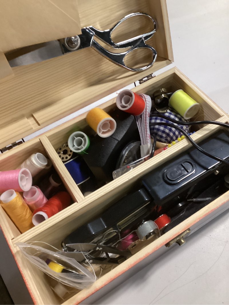 Condition photo showing As Is for Handheld Sewing Machine, with Elegant Wooden Sewing Box and 153-Piece Sewing Kit, Mini Portable Cordless Hand held Sewing Device, Perfect for Adults, Beginners, and Quick Home Repairs Black