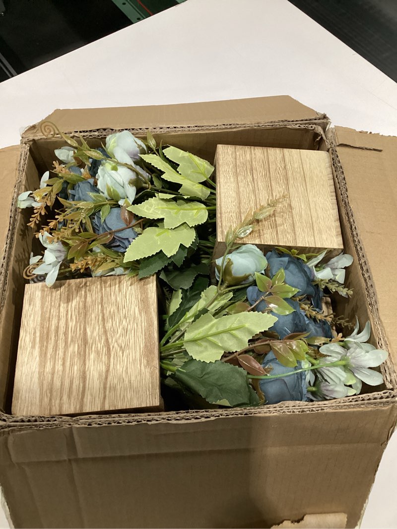 Condition photo showing As Is for Dining Table Centerpiece Set of 4 - Artificial Flowers Bouquets with Wooden Vase -Boho Fake Rose Bouquets Small Faux Silk Floral Arrangement for Wedding Party Bathroom Home Décor, Dusty Blue
