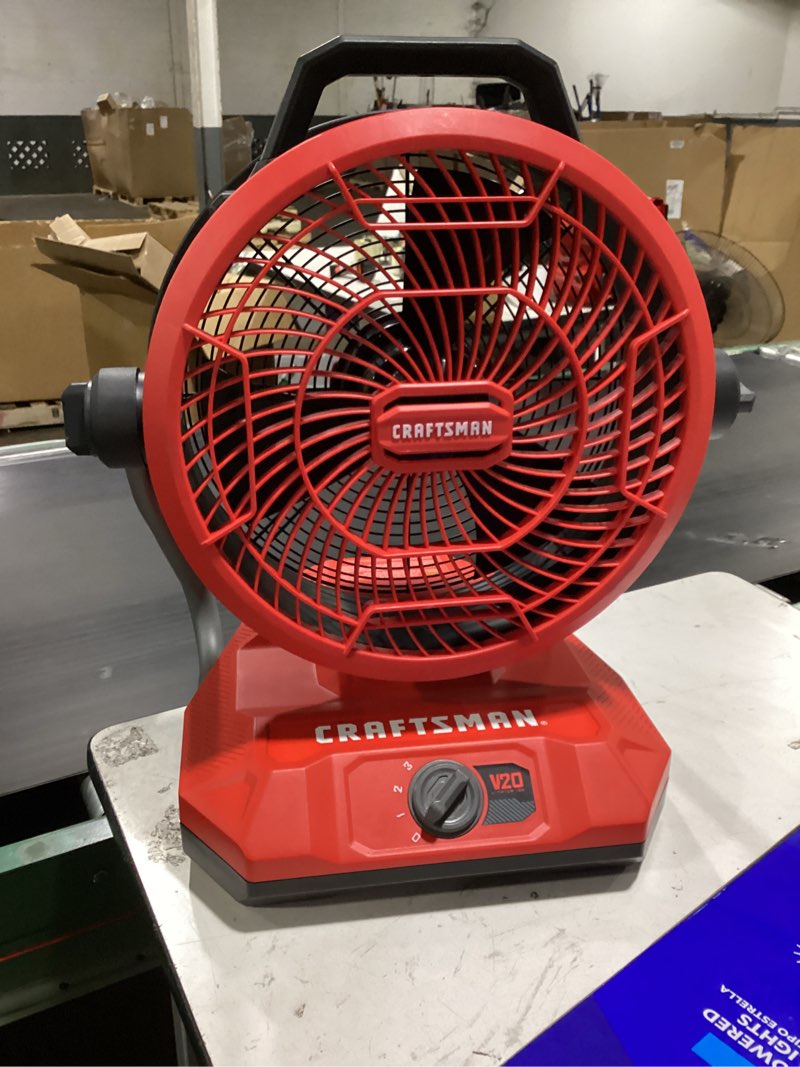 Condition photo showing New/Like New for craftsman 12-in high velocity indoor industrial fan, battery powered, in red and black