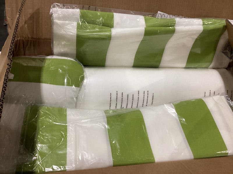 Condition photo showing New/Like New for Outdoor Chaise Lounge Cushion Set of 2 with Head Pillow and Side Pockets, Water Repellent & Weather Resistant Patio Recliner Lounge Chair Cushions for Lawn, Pool & Beach (Green Stripe, 80" x 23") 80"x 23" Green 2