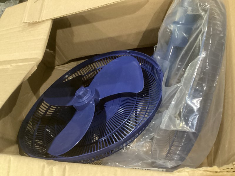 Condition photo showing As Is for comfort zone 16-inch oscillating pedestal fan – 3-speed high-velocity cooling, adjustable height & tilt, quad-pod folding base, blue – etl listed blue 16"
