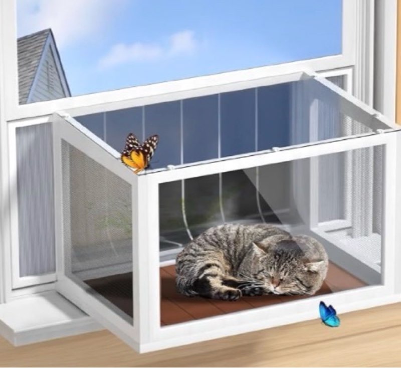 cat window box catio, outdoor indoor cat enclosure with clear panels, mesh sides & pvc curtain, universal window perch for windows 25"–43", window catio for sunbathing, napping & overlooking,walnut