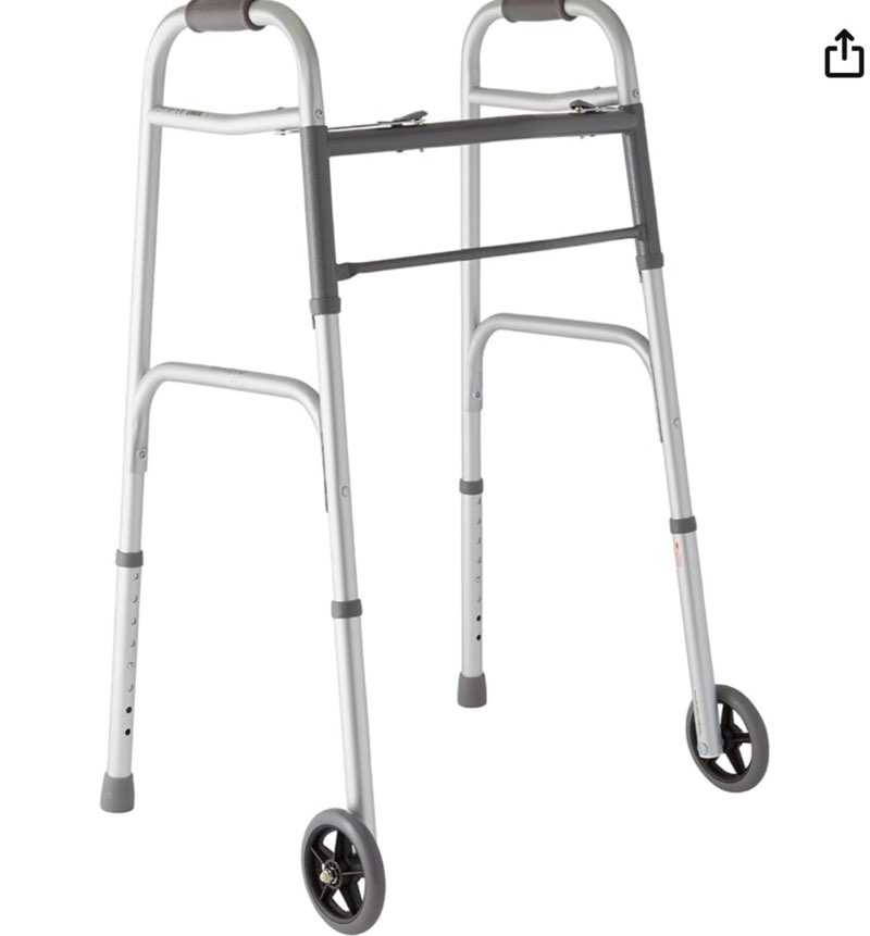 Medline Lightweight Two Button Folding Walker with 5\" Wheels, Aluminum Frame Supports up to 500 lbs