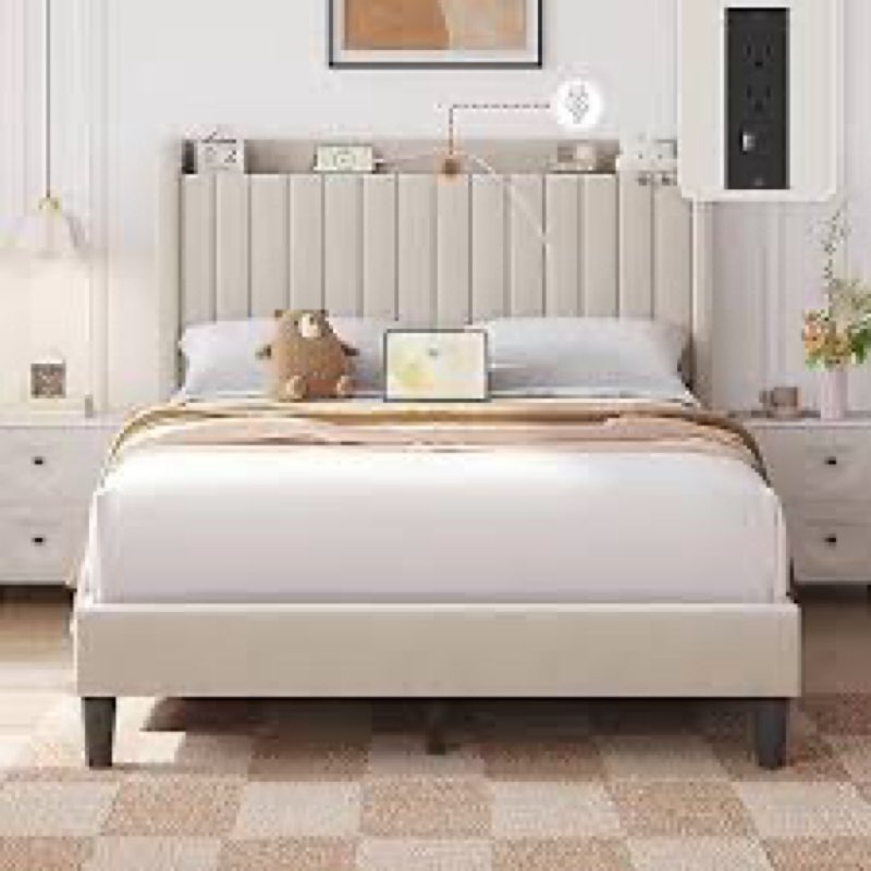 Yaheetech Queen Bed Frame with USB Charging Station and Storage Shelf/Upholstered Headboard Platform