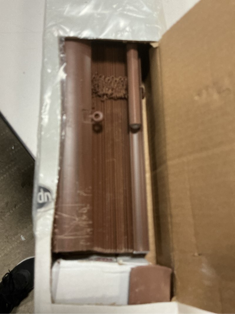 Condition photo showing As Is for Cordless Room Darkening Mini Blind - 35 Inch Width, 64 Inch Length, 1" Slat Size - Mahogany - Cordless GII Deluxe Sundown Horizontal Windows Blinds for Interior by Achim Home Decor Mahogany 35"W x 64"H