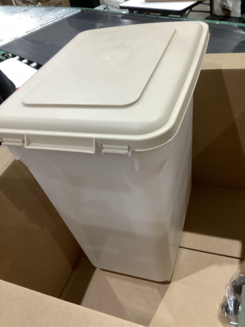 Condition photo showing As Is for iris usa airtight dog food storage container, weatherpro, up to 40 lbs, removable wheels, for dog cat bird and other pet food storage bin, keep fresh, translucent body, made in usa, pearl/almond 40 lbs pearl/almond