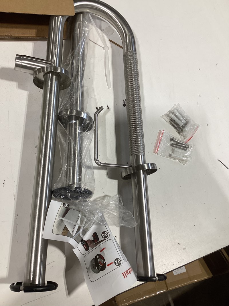 Condition photo showing Good Condition for toilet grab bar with leg 24x28 inch, zuext brushed nickel knurled toilet support bar with toilet paper holder, stainless steel wall & floor mounted bathroom support rail for elderly disabled pregnant brushed nickel wall to floor 24 inch