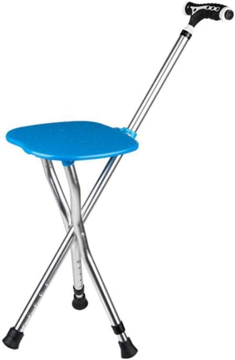 Folding Cane, LED Flashlight, Seat Thick Aluminum Cane Stool, 3-Legged Cane, Height Adjustable, Elderly, Disabled