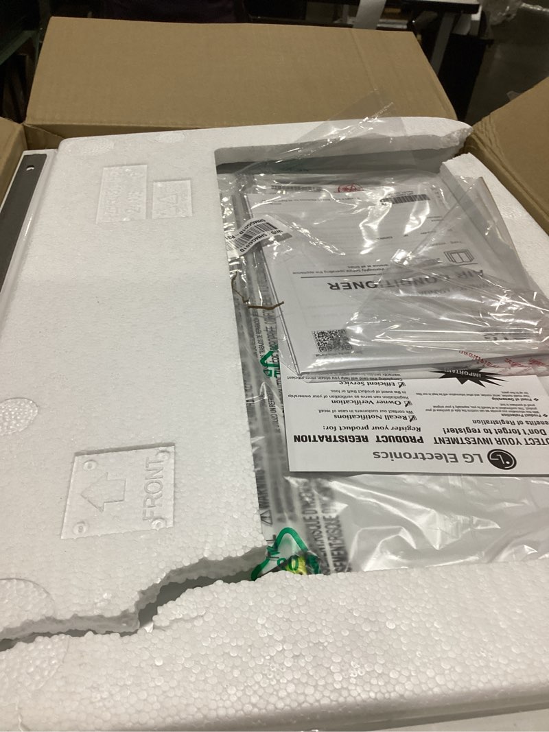 Condition photo showing As Is for lg 5,000 btu window air conditioner, cools 150 sq.ft. (10' x 15' room size), quiet operation, 2 cooling & fan speeds, 2-way air deflection, washable filter, 115v 1 count (pack of 1) mechanical & standard bright white