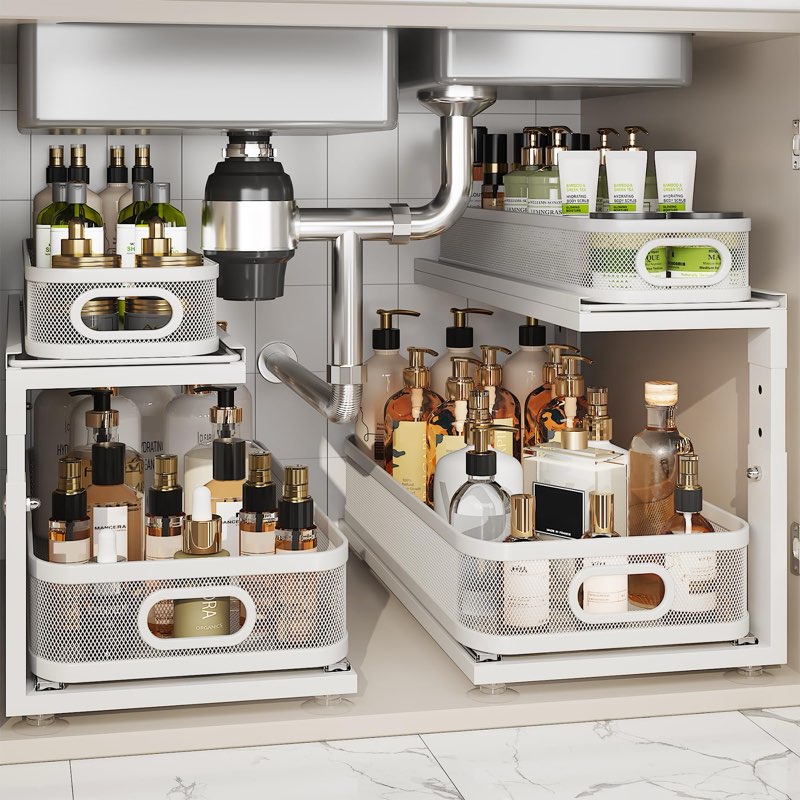 2 pack 21in-depth under sink organizer with next-gen ball-bearing slides,2-tier precision mesh pull out cabinet storage for bathroom&kitchen,height adjustable drawers shelf