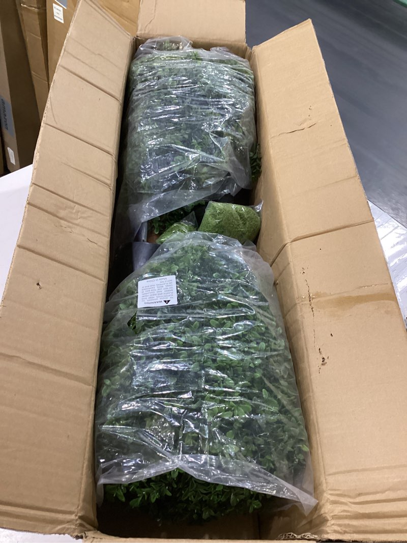 Condition photo showing New/Like New for real touch leaves artificial topiary trees, 24" t with 17" w faux boxwood, set of 2 uv resistant plants, decorative indoor outdoor trees with 6"x5" pots for home, office, and garden decor 24" green
