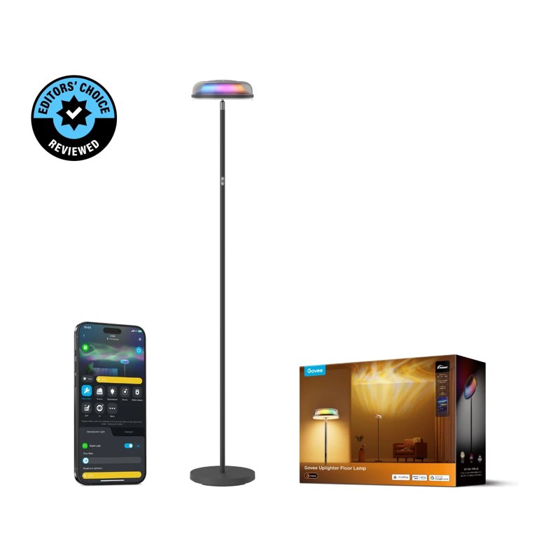 govee uplighter floor lamp for living room, rgbic ripple projector, floor lamp for bedroom works with matter, 215 ft² light area, 1000lm led modern corner floor light, warm cool white standing lamp