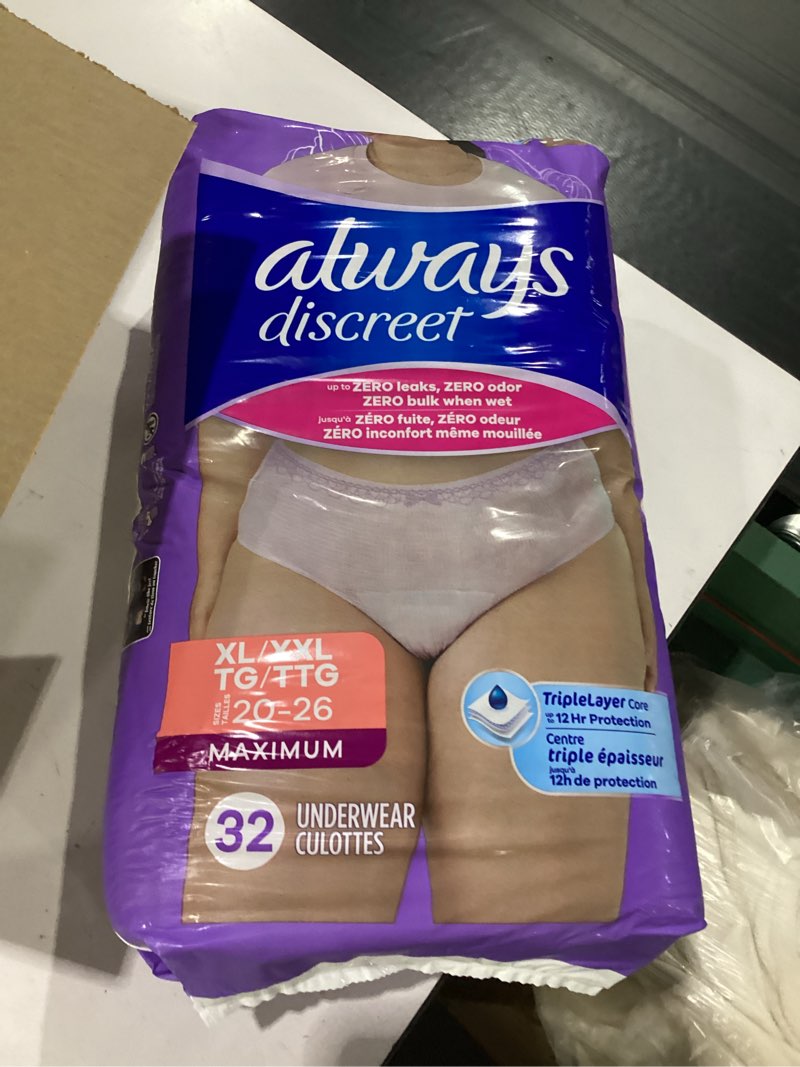 Condition photo showing New/Like New for always discreet adult diapers for women, incontinence underwear, postpartum essentials, disposable briefs, max absorbency, bladder leak protection, extra large/xl, 64ct x-large 64
