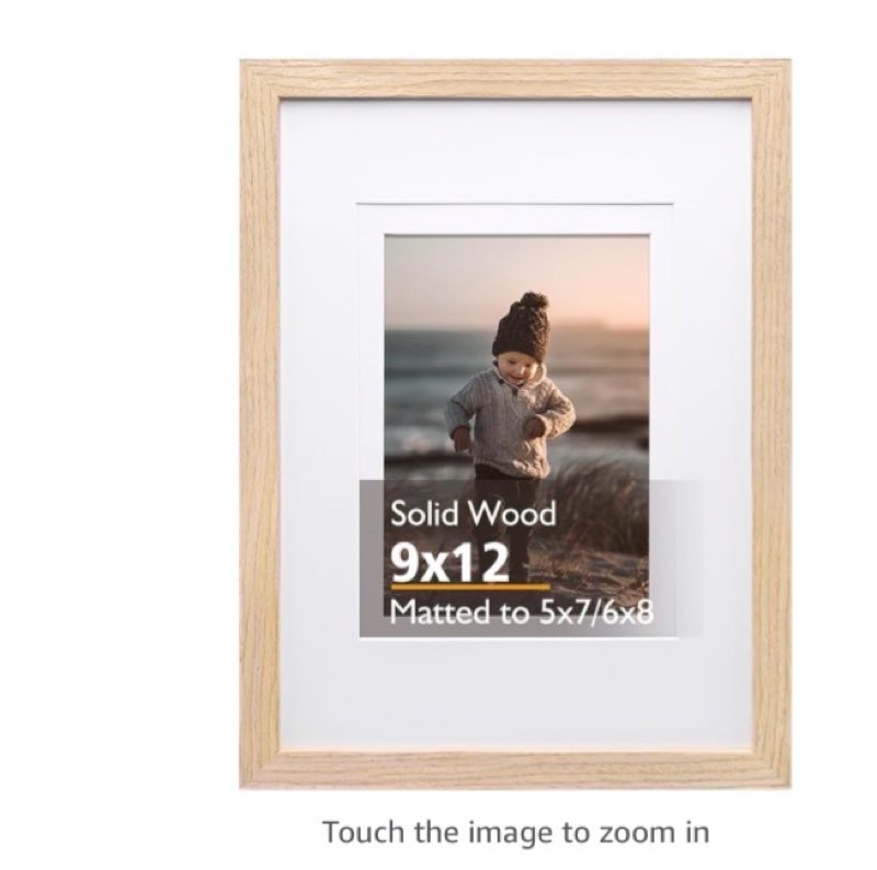 KINLINK 9x12 Picture Frame, Natural Solid Wood Frame with Acrylic Plexiglass for Pictures 5x7/6x8 with Mat or 9x12 without Mat, Tabletop and Wall Mounting Display Photo Frame 1 Pack