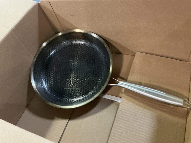 Condition photo showing As Is for cooker king 10-inch stainless steel pan, hybrid nonstick frying pan, skillet, 3-ply clad cookware, even heat distribution, dishwasher & oven safe, with stay-cool handle, induction compatible stainless steel 10 inch