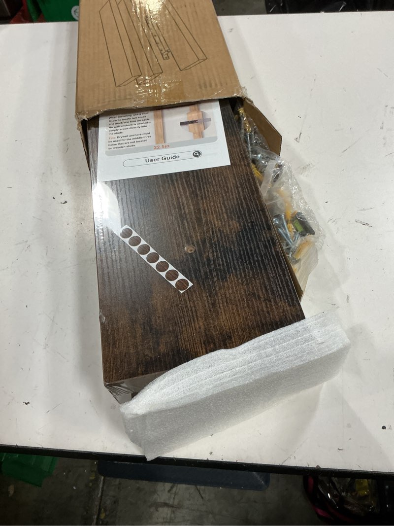 Condition photo showing New/Like New for bayka floating shelves for wall, set of 3, 22.5 inch rustic wood wall mounted shelving for bathroom, bedroom, living room or kitchen, hanging display decor book shelf with 22 lbs, rustic brown b. rustic brown - americana farmhouse style 3 22.5inches