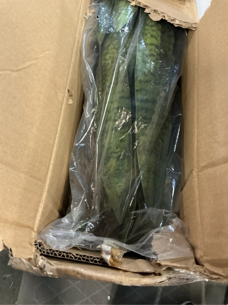 Condition photo showing Good Condition for fake snake plant, 27in fake plant with white pot realistic leaves, low maintenance artificial potted plants for indoor decor, no watering needed, perfect for home, office & pet areas sansevieria green 27in