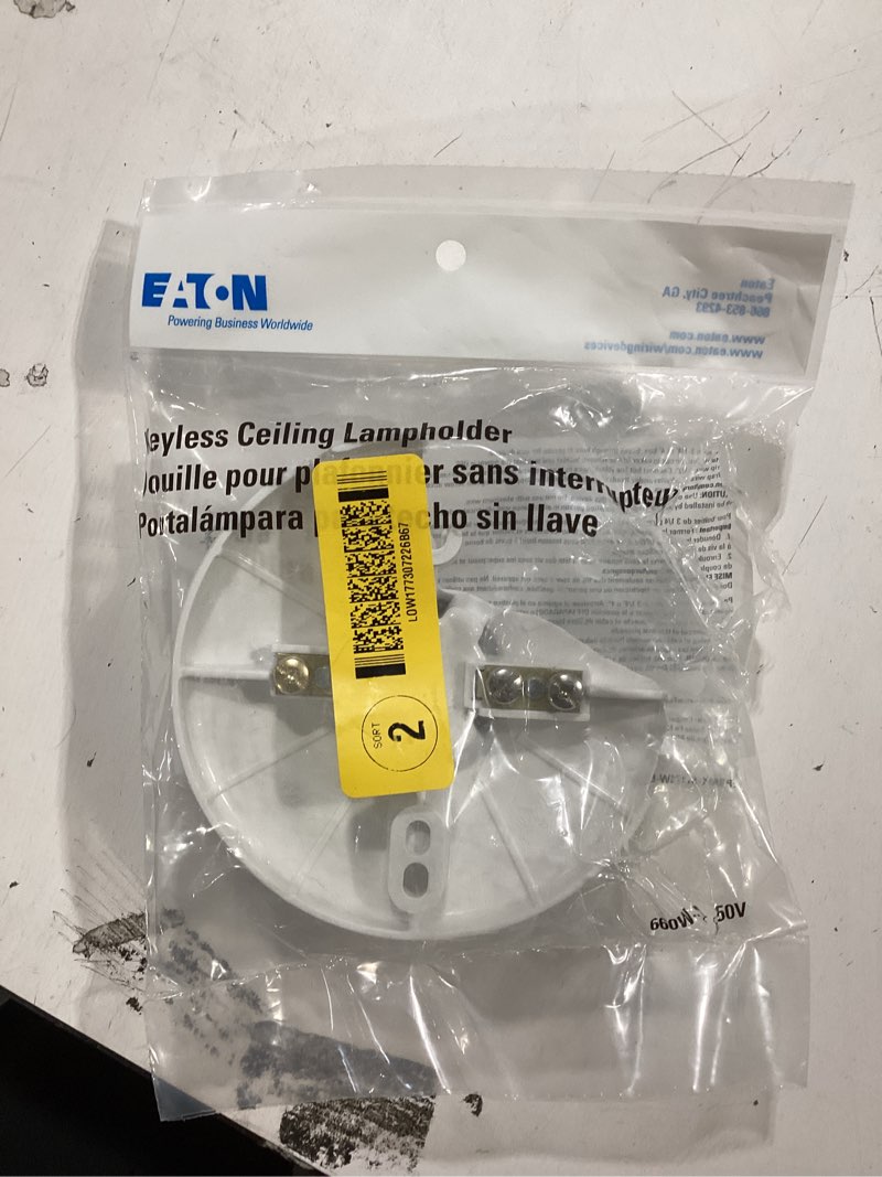 Condition photo showing As Is for Eaton S1174W-F-LW Keyless Ceiling Lampholder; High-Temperature Plastic to Reduce Breakage; Keyless Switch; Medium Base; 14-10 AWG; for use with 3.75 or 4-inch Box; 250V/660W