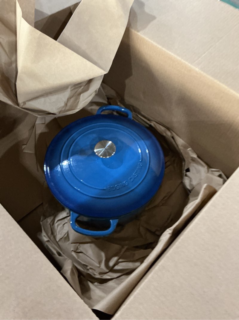 Condition photo showing As Is for Signature Enameled Cast Iron Oval Dutch Oven | Non-Stick Serving Pot with Tight Fitting Lid for Perfect Roasting, Baking, Sauteing, and Bread Making | 5Q [Ocean Blue] 5Q Ocean Blue