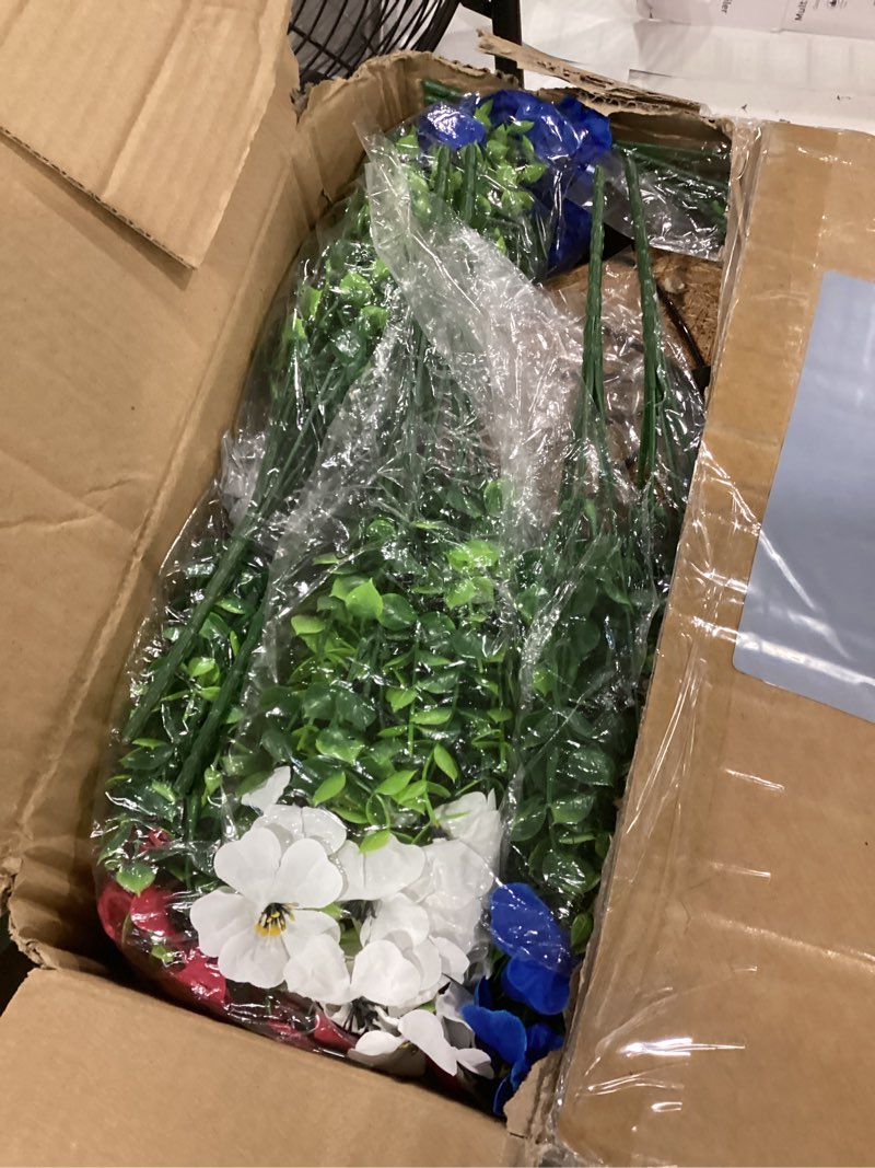 Condition photo showing New/Like New for hananona 2 set artificial outdoor flowers with hanging basket, 2 hanging planters with 24 pcs patriotic flowers for summer front porch patio 4th of july decor (red, white, blue) red, white, blue 2