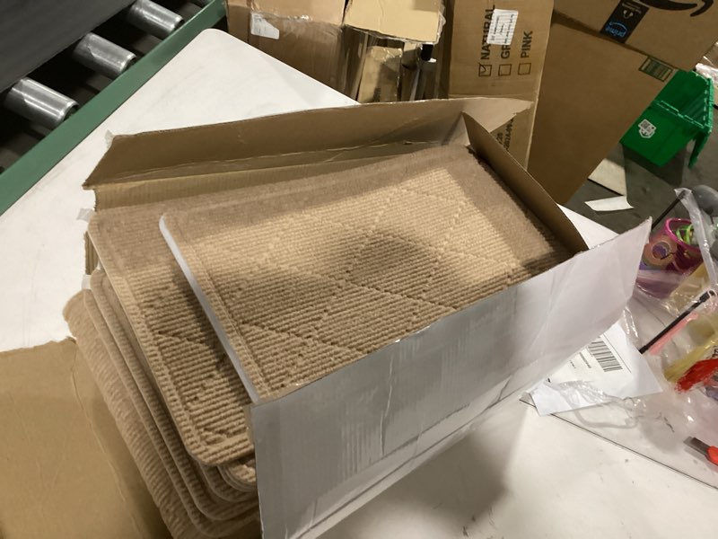 Condition photo showing Good Condition for stair treads for wooden steps, 15 pack 9" x 30" non slip carpet stair treads indoor with reusable adhesive for kids elders and dogs, surface polyester tpr backing stair runner rugs, beige 9" x 30" beige 15