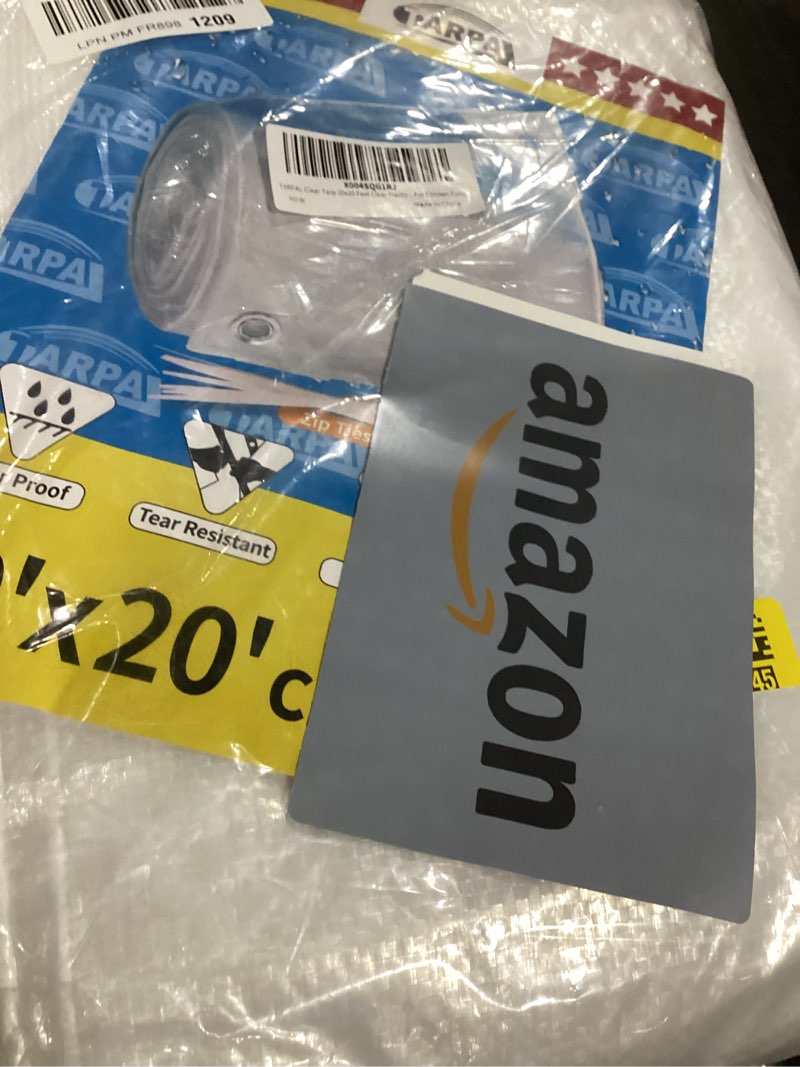 Condition photo showing As Is for TARPAL Semi Clear Tarp 20x20ft Large Tarp Waterproof Clear Plastic Tarps with Grommets and Reinforced Edges for Patio,Porch and Outdoor Plant,Chicken Coop,Garden,Cat Litter 20x20FT-Finished Size
