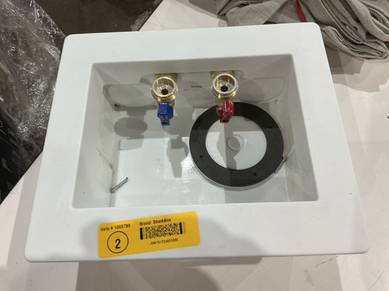 Condition photo showing As Is for sharkbite quarter turn ball valve push-to-connect washing machine outlet box item #818162 | model #24763