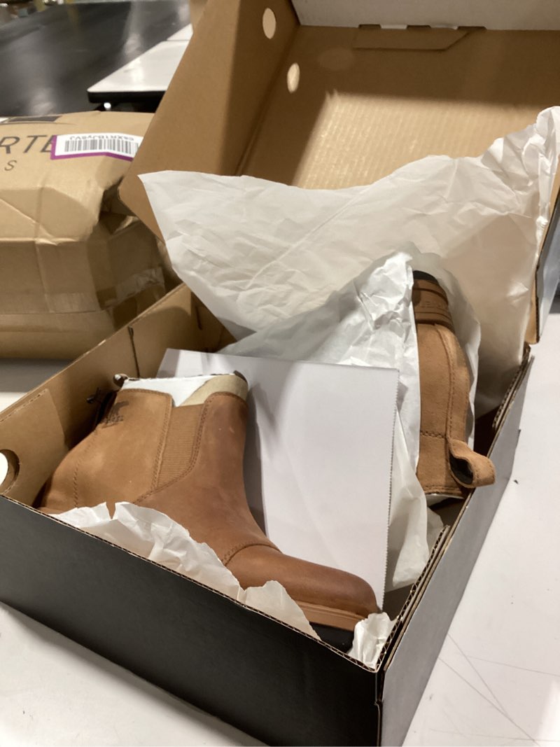 Condition photo showing Good Condition for sorel women's evie pull-on bootie — waterproof suede leather — wedge ankle booties 9 velvet tan