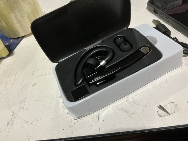 Condition photo showing New/Like New for boytond bluetooth headset v6.1,100hrs talk time wireless earpiece with mic for work,cvc8.0 noise cancelling wireless earbud, business earbud with 500 mah charging case for trucker/home/office work deep black