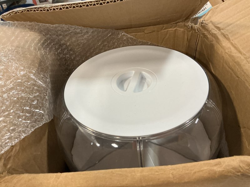 Condition photo showing As Is for  grain dispenser, 8.2 qt rotating rice dispenser storage container, 6-compartment dry food with measuring cup, containers for kitchen small grains, beans, (8.2qt)