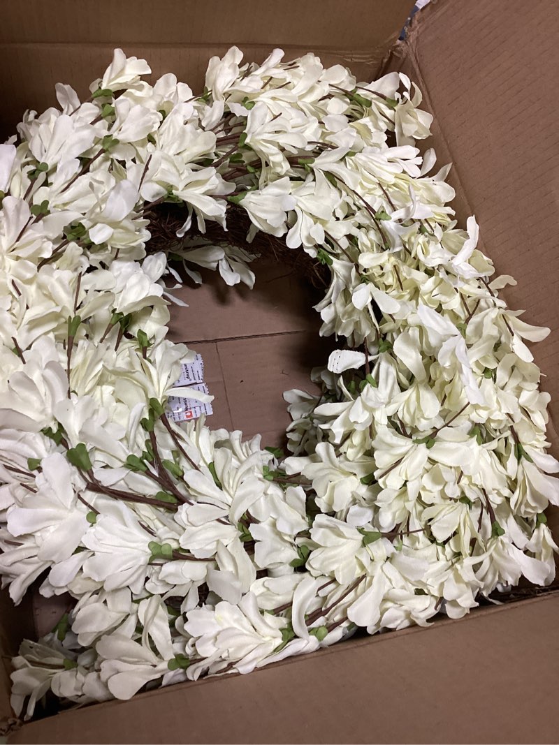 Condition photo showing Good Condition for spring wreath for front door, 24 inch white cream forsythia spring wreath blossom cluster flower farmhouse on grapevine for front door wall window hanging décor festival celebration