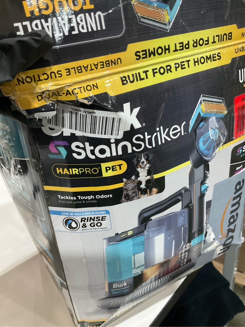 Condition photo showing As Is for shark stainstriker hairpro portable carpet, upholstery & area rug cleaner with pet mess & hair tools, self-cleaning, perfect for pets & car interiors, 4 cleaning tools & pet solution, copper, px251 stainstriker w/ hairpro technology
